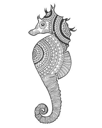Zentangle stylized seahorse. Hand drawn doodle animal. Ethnic patterned vector illustration. African, indian, totem, tribal design. Sketch for avatar, coloring page, tattoo, posters, print, t-shirtのイラスト素材