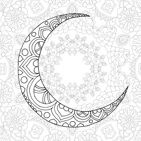 Ramadan Kareem half moon. Greeting design coloring page. Engraved vector illustration. Sketch for decoration, poster, print, t-shirt.のイラスト素材