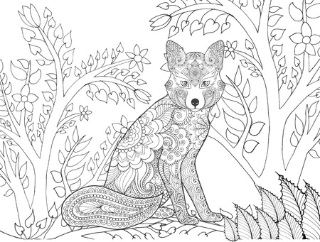 Zentangle stylized fox in fantasy forest. Animals. Hand drawn doodle. Ethnic patterned illustration. African, indian, totem tatoo design. Sketch for avatar, tattoo, poster, print or t-shirt.のイラスト素材