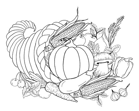 Thanksgiving cornucopia with vegetables. Horn of plenty. Black white hand drawn vector illustration. Traditional symbol of Thanksgiving, autumn. Sketch for coloring page, decoration, card, posterのイラスト素材