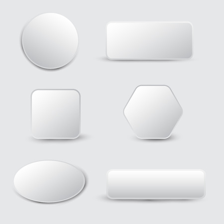 White 3d blank square and rounded button vector set. Button banner round, badge interface for application illustration on gray backgroundのイラスト素材