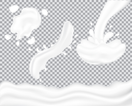 Set of realistic milk splash and pouring. Vector illustration of realistic natural dairy products. Liquid creamy white texture.のイラスト素材