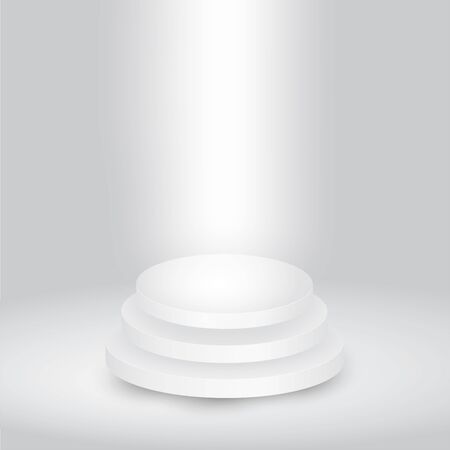 Round white showroom pedestal. Winner podium champion circular base first place trophy award win, mockup empty stair, vector design on the gray backgroundのイラスト素材