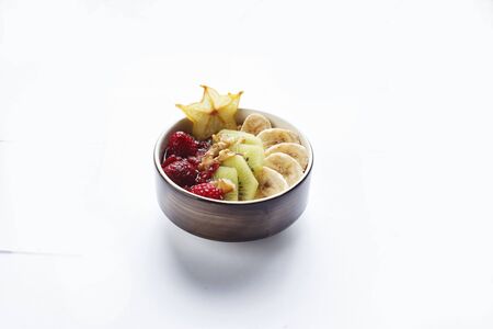 cereal with fruits and berries on a white backgroundの写真素材