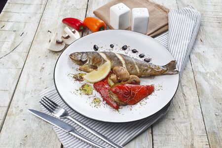Sea bass with grilled vegetablesの写真素材