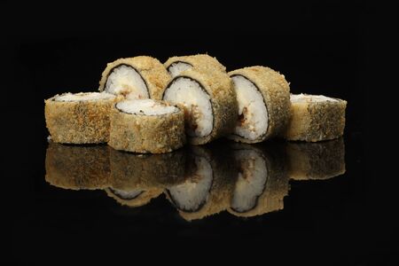 various sushi, rolls on a black background with reflection. especially for cafes and restaurantsの写真素材