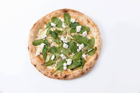 traditional pizza with herbs and cheese on a white backgroundの写真素材