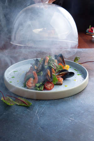 Seafood salad. Smoke feed. selective focusの写真素材