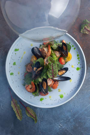 Seafood salad. Smoke feed. selective focusの写真素材