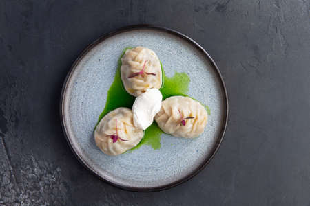 Stuffed dumplings, manti of dough and minced, close upの写真素材