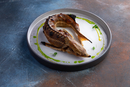 Fried sturgeon fish in a plate. Close-up. Selective focus.の写真素材