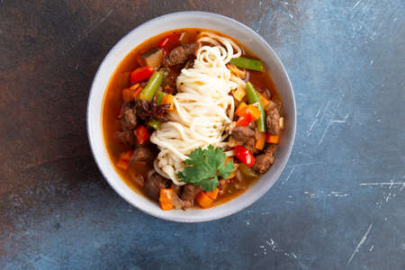 Lagman or Laghman is a traditional beef noodle soup.