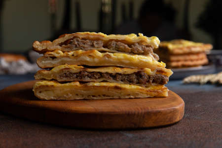 National traditional Caucasian food: Ossetian pies, khachapuri, chudu Selective focus