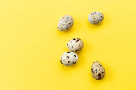 Several quail eggs on a yellow background. Selective focus.の写真素材