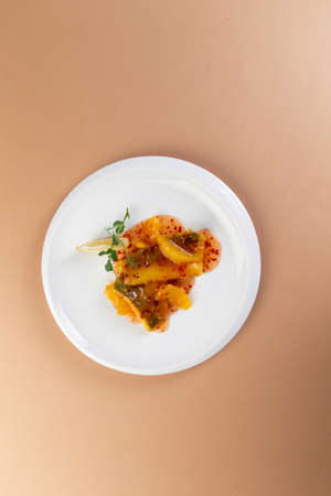 Cod in sweet chili sauce. selective focus.の写真素材