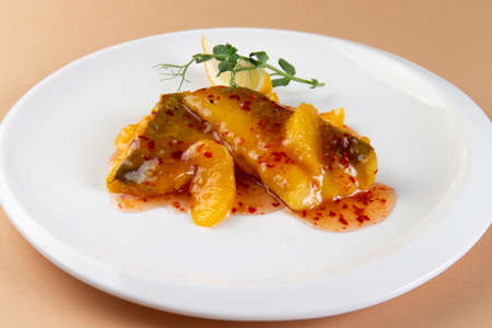 Cod in sweet chili sauce. selective focus.