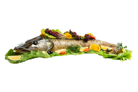 Cooked pike on lettuce. isolated on white.