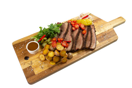 Sliced brisket on a wooden board. isolated on white.の写真素材