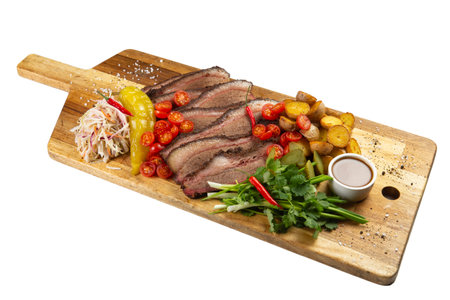 Sliced brisket on a wooden board. isolated on white.の写真素材