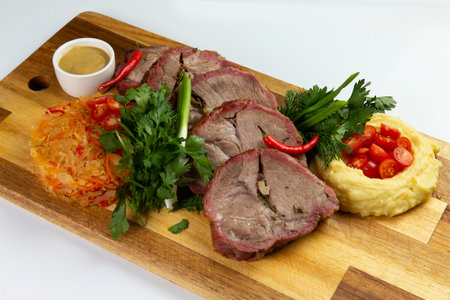 Cooked tenderloin meat and mashed potatoes on a wooden board. isolated on white.の写真素材