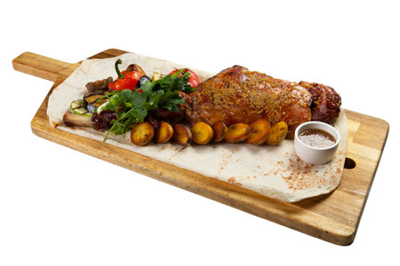 Cooked leg of lamb on a wooden board. isolated on white.の写真素材