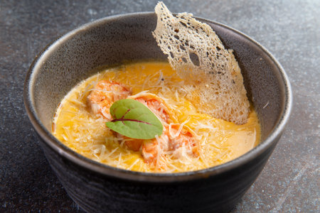 Cream soup with shrimps in a bowl. selective focus.