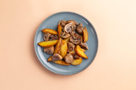 Fried potatoes with mushrooms on a light background. selective focus.