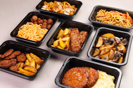 Food packed in containers. Ready for delivery. On a light background. selective focus.の写真素材