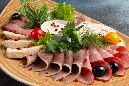 Sliced meat delicacies in a plate. selective focus.の写真素材