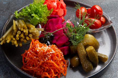 Assorted pickled vegetables in a bowl. selective focus.の写真素材