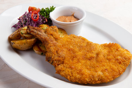 Deep fried turkey leg in a plate. On a light background. selective focus.の写真素材
