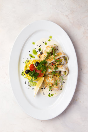 stuffed squid in a bowl. On a light background. selective focus.の写真素材