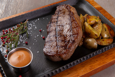 Steak and potatoes in a plate on a brown background. selective focus.の写真素材