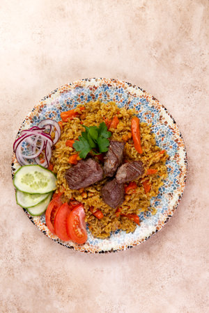 Traditional dish pilaf. On a brown background. selective focus.