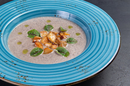 Cream of mushroom soup. On a dark background.の写真素材