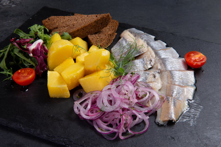 Salted herring fillet, boiled potatoes and rye bread in a plate.の写真素材