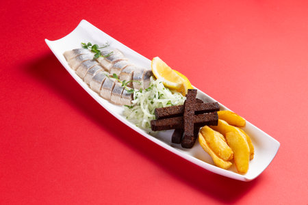 Herring, potato wedges and croutons in a plate. On a red background. Selective focus.