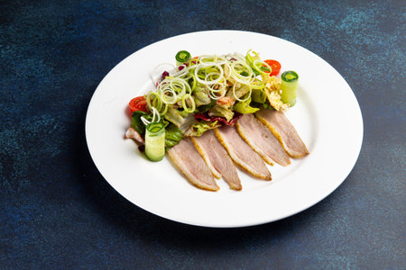 Salad and roast duck in a plate on a dark background. Selective focus.の写真素材