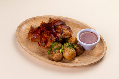 Fried chicken with new potatoes and sauce.の写真素材