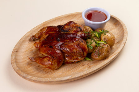 Fried chicken with new potatoes and sauce.の写真素材