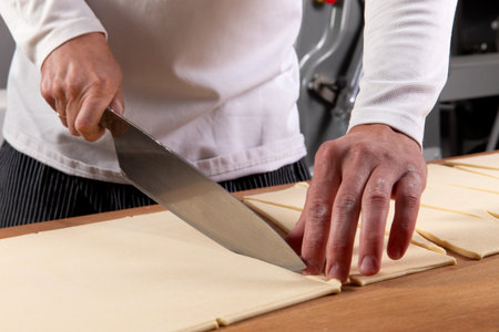 Pastry chef cutting puff pastry for croissants. Selective focus.の写真素材