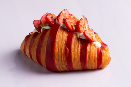 Croissant with strawberries. Isolated on white. Close-up. Selective focus.
