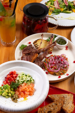 Various dishes. salad.