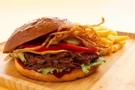 Burger with pulled beef, onion rings and fries. Selective focus.の写真素材
