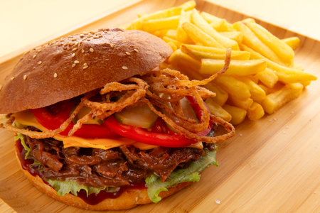 Burger with pulled beef, onion rings and fries. Selective focus.の写真素材