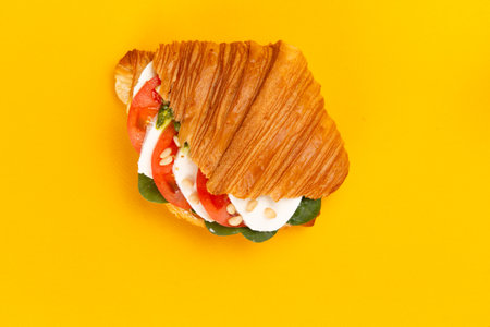 Croissant with mozzarella and tomatoes on a yellow background. Selective focus.の写真素材