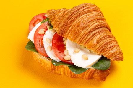 Croissant with mozzarella and tomatoes on a yellow background. Selective focus.の写真素材