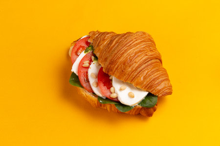 Croissant with mozzarella and tomatoes on a yellow background. Selective focus.の写真素材