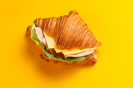 Croissant with cheese and ham on a yellow background.の写真素材