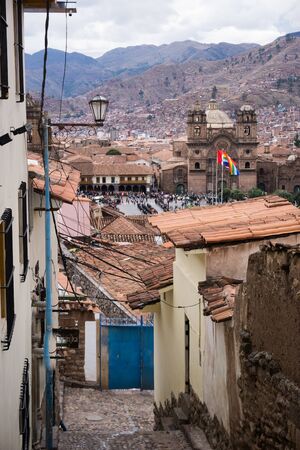 View of main square of San Blas neighborhood in Cusco Peruの写真素材